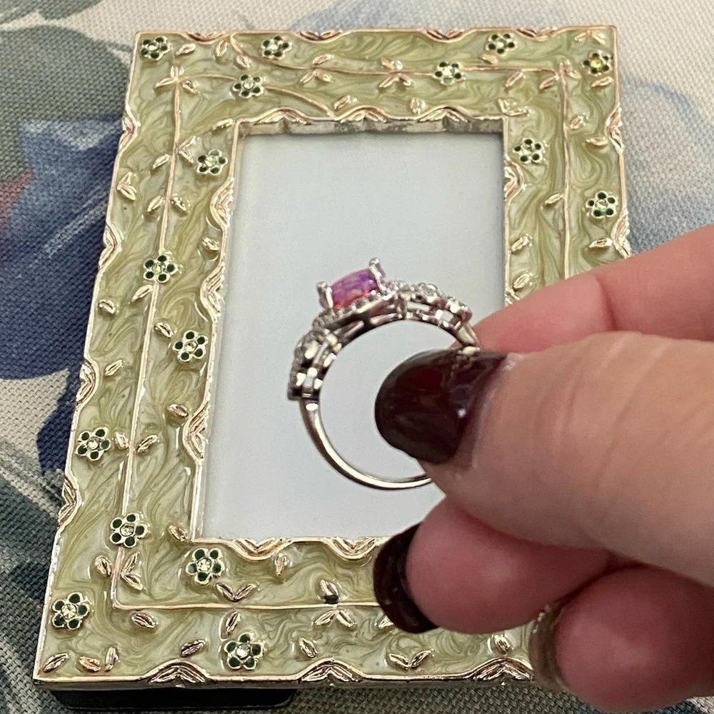 Sterling silver pink opal w/ rhinestones ring, Sz. 7